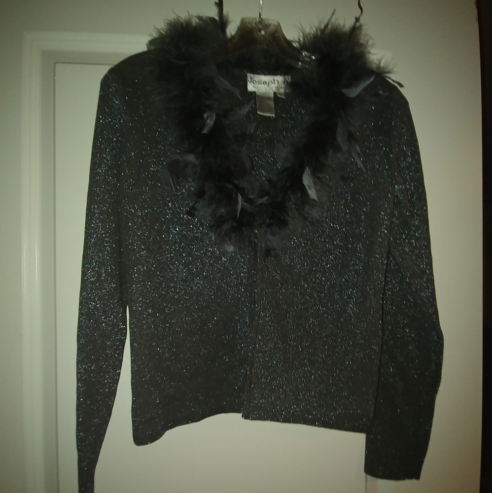 Joseph A. Silk metallic sparkly gray sweater with feathers Size S
